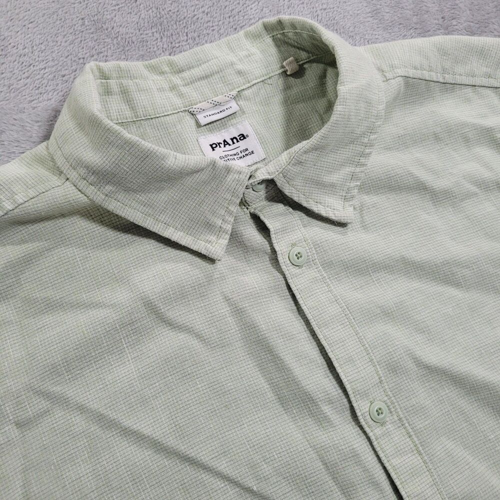 PrAna Shirt Mens XL Green Check Short Sleeve Button Up Casual Standard Fit